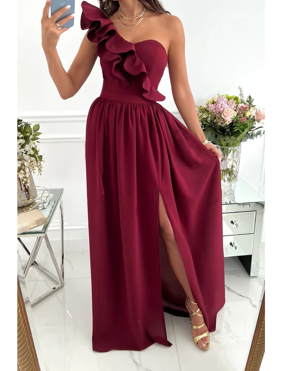 Women's Party Dress Homecoming Dress Swing Dress Long Dress Maxi Dress Wine Red Green Sleeveless Pure Color Patchwork Summer Spring Cold Shoulder Stylish Wedding Guest