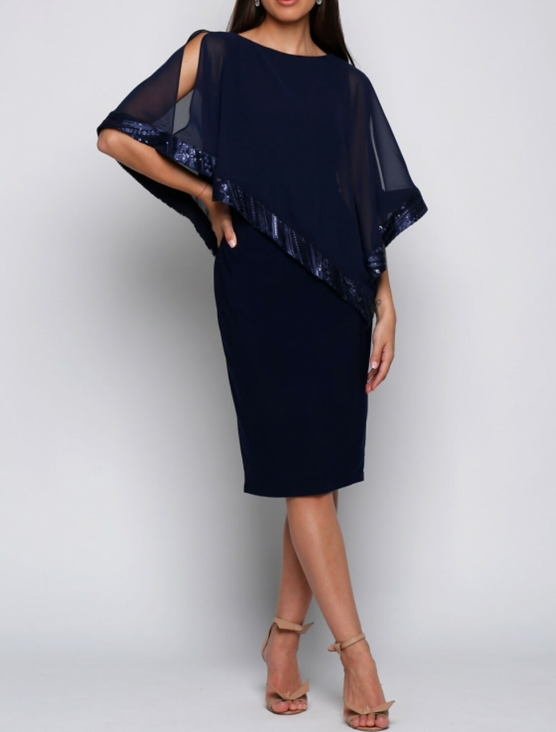 Sheath / Column Elegant Holiday Cocktail Party Dress Jewel Neck Half Sleeve Knee Length Chiffon with Sequin