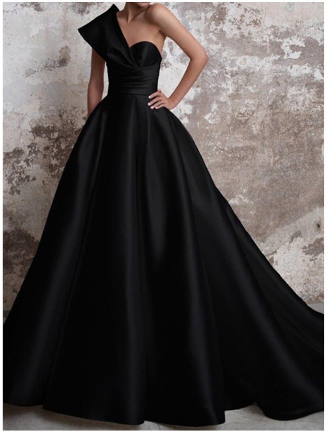 A-Line Evening Gown Party Black Dress Plus Size Party Wear Church Court Train Sleeveless One Shoulder Italy Satin Backless with Ruched
