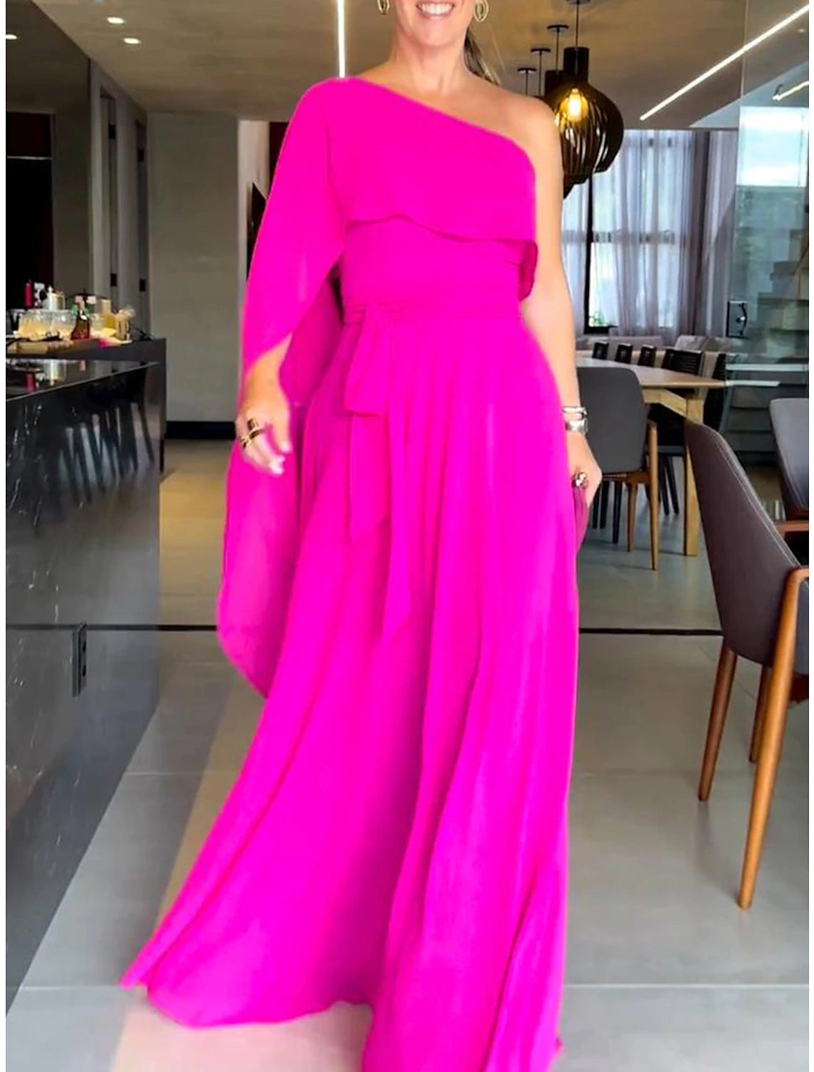 Women's Prom Dress Party Dress Wedding Guest Dress Long Dress Maxi Dress Fuchsia 3/4 Length Sleeve Pure Color Lace up Spring Fall Winter One Shoulder Fashion Winter Dress Evening Party Wedding Guest