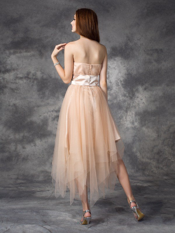 A-line/Princess Strapless Bowknot Sleeveless Long  Woven Satin Dresses