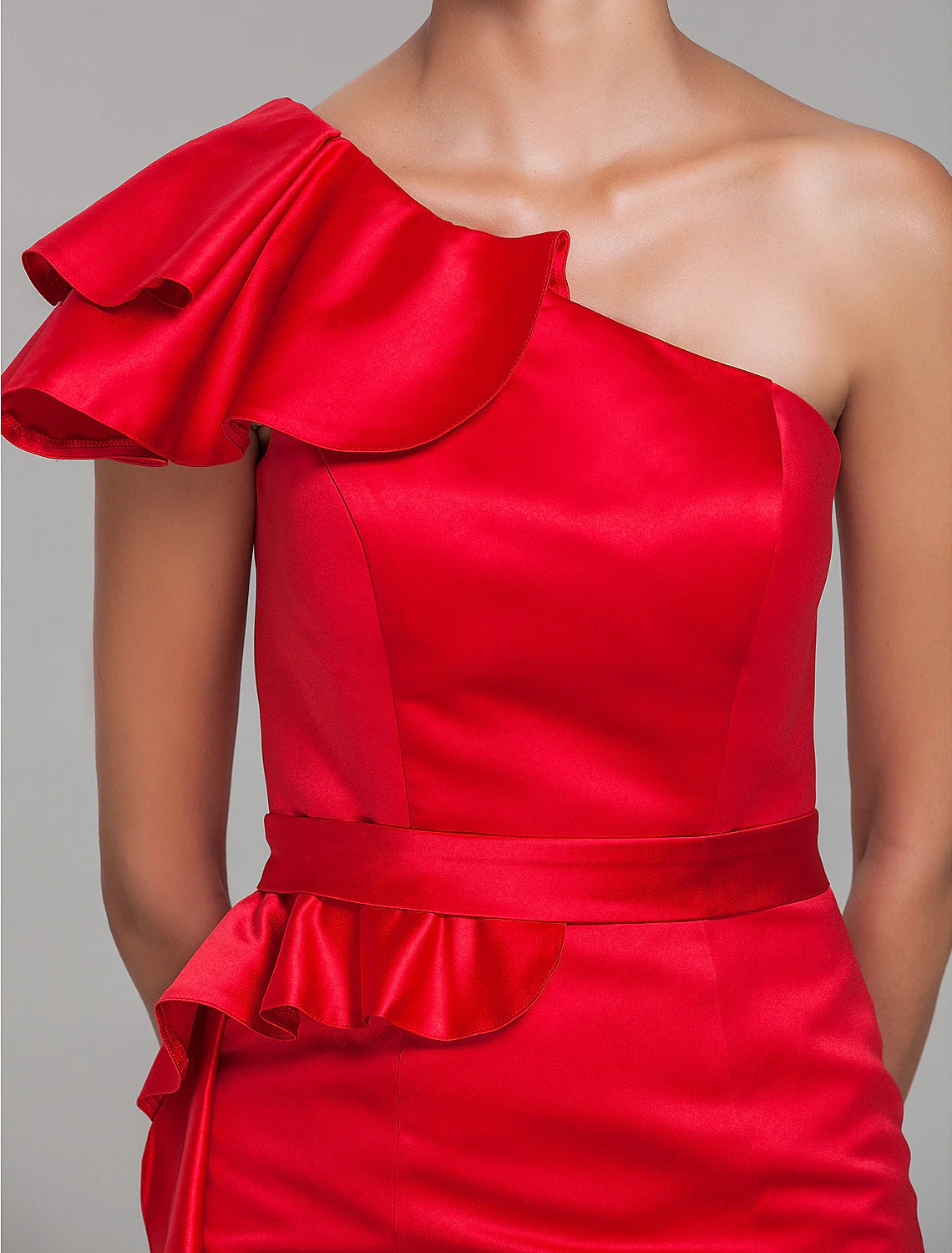 Sheath / Column One Shoulder Short / Mini Satin Bridesmaid Dress with Sash / Ribbon / Ruffles