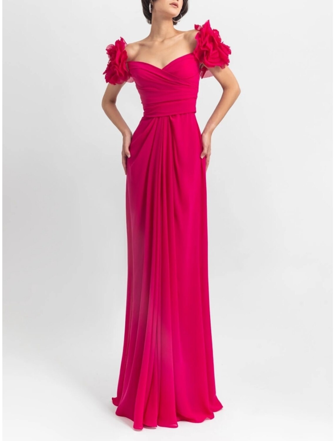 Sheath / Column Evening Gown Party Dress Formal Wedding Guest Floor Length Long Sleeve Off Shoulder Stretch Fabric with Shouder Flower