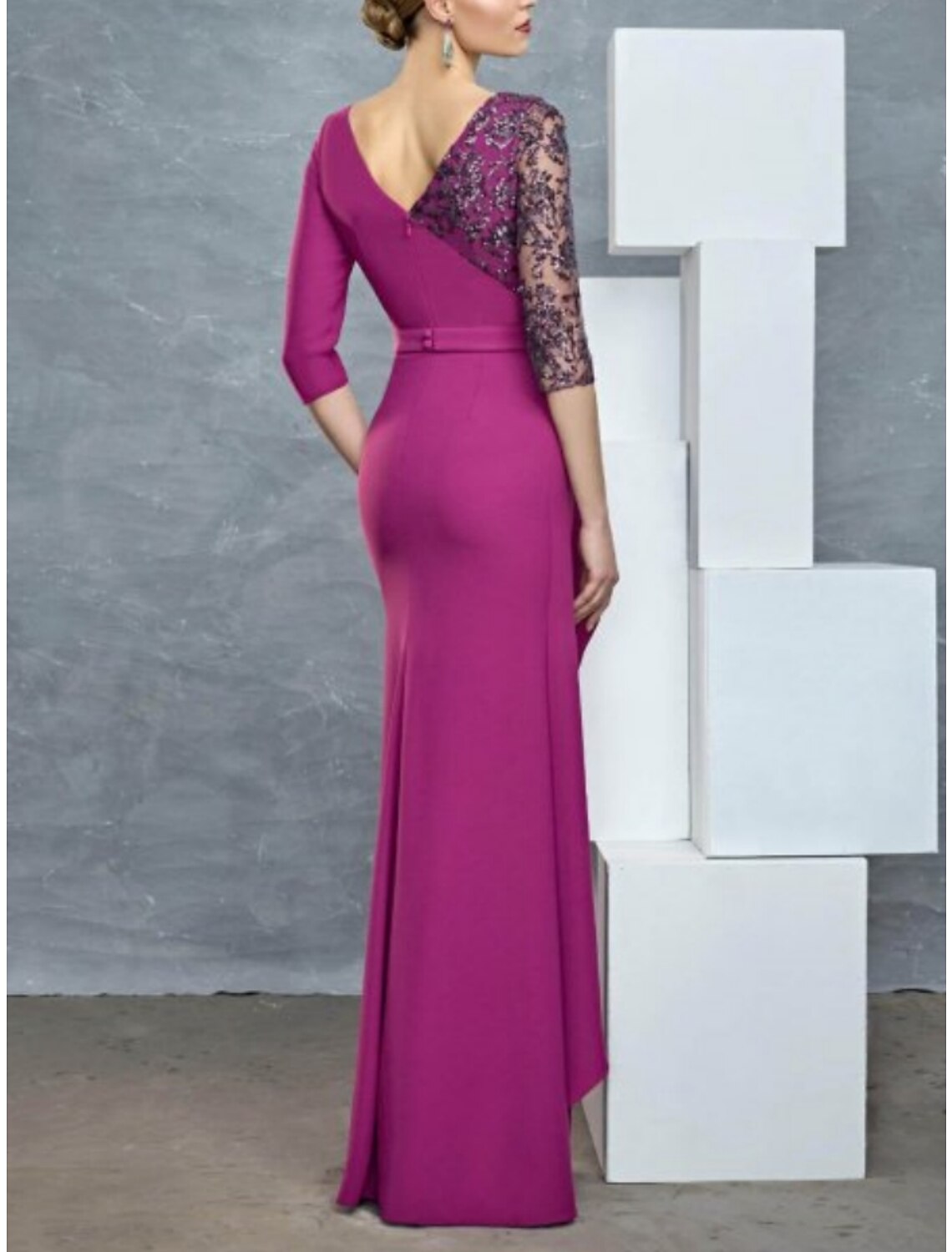 Sheath / Column Mother of the Bride Dress Wedding Guest Elegant V Neck Floor Length Stretch Chiffon Half Sleeve with Lace Ruching