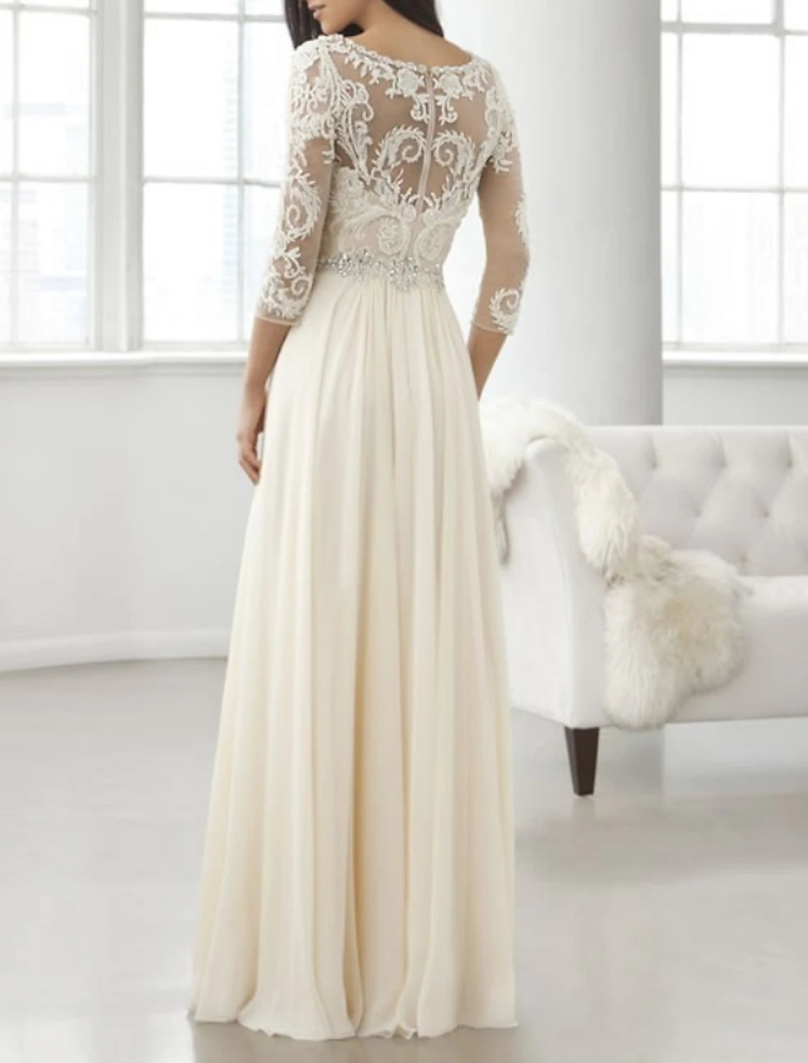 A-Line Mother of the Bride Dress Wedding Guest Elegant V Neck Floor Length Chiffon Lace 3/4 Length Sleeve with Pleats Crystal Brooch Fall