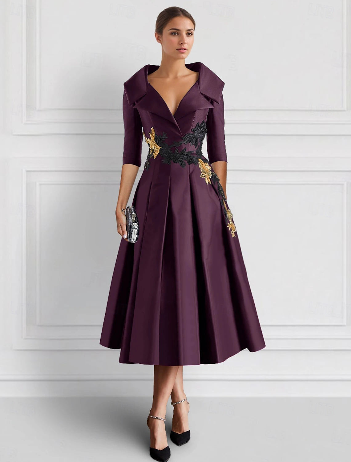 Buyishang Purple Embroidered A-Line Cocktail Dresses Mother of Bride Elegant Formal Ankle Length 3/4 Length Sleeve Shirt Collar  Satin with Appliques