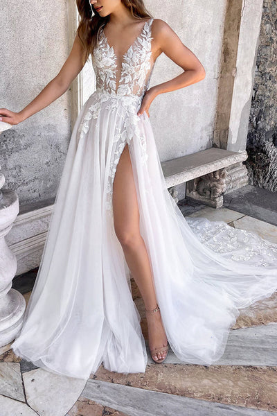 Buyishang Attractive Illusion Deep V Neck Lace Appliques Boho Wedding Dress with Slit