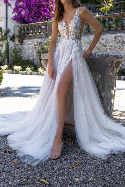 Buyishang Attractive Illusion Deep V Neck Lace Appliques Boho Wedding Dress with Slit