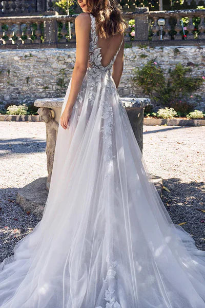 Buyishang Attractive Illusion Deep V Neck Lace Appliques Boho Wedding Dress with Slit