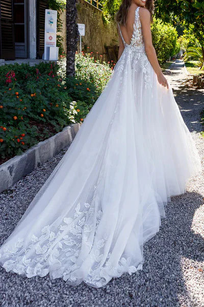 Buyishang Attractive Illusion Deep V Neck Lace Appliques Boho Wedding Dress with Slit