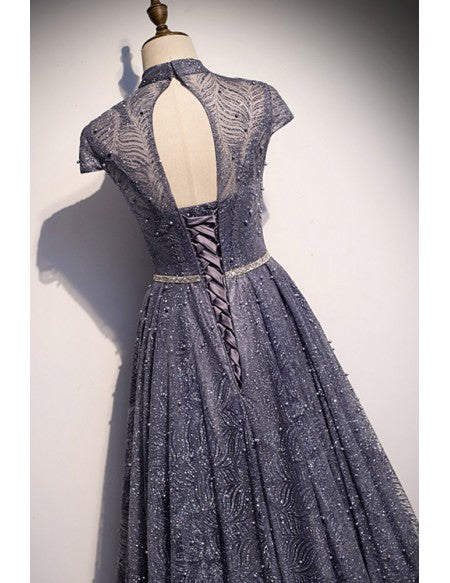 Gorgeous Sparkly Sequins High Neck Prom Dress with Cap Sleeves