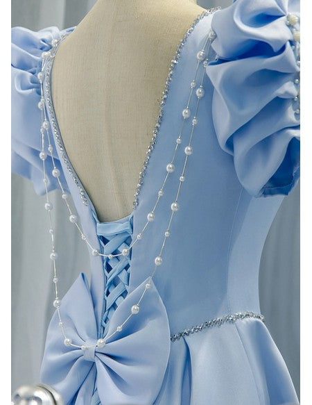 Blue Long Satin Gorgeous Prom Dress with Bubble Sleeves