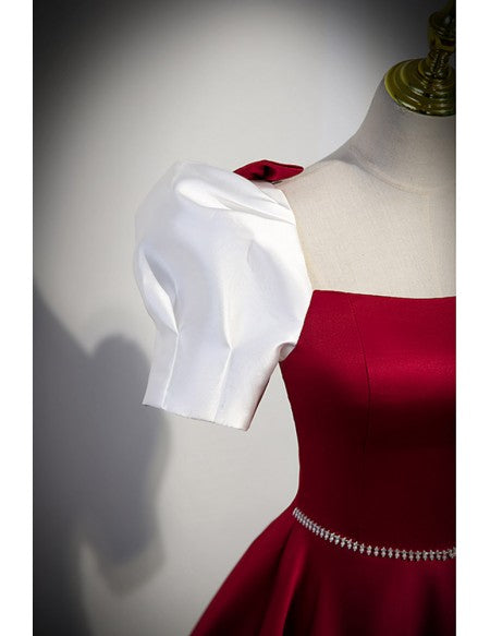 Elegant Burgundy Satin Evening Prom Dress with Square Neck