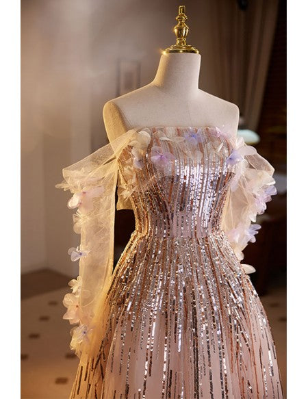 Unique Off Shoulder Sleeved Long Tulle Prom Dress with Sequins