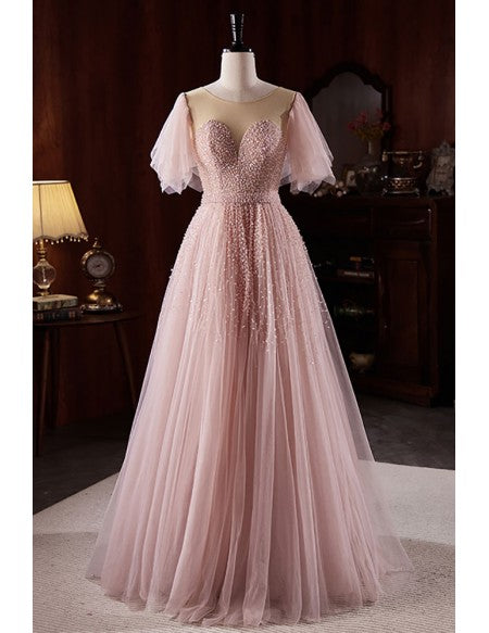 Pink Sheer Neck Sequined Tulle Prom Dress with Puffy Sleeves