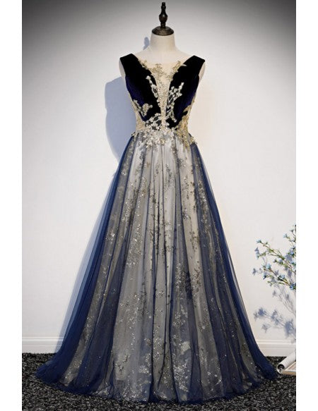 Blue Tulle And Gold Sequins Long Prom Dress Sleeveless