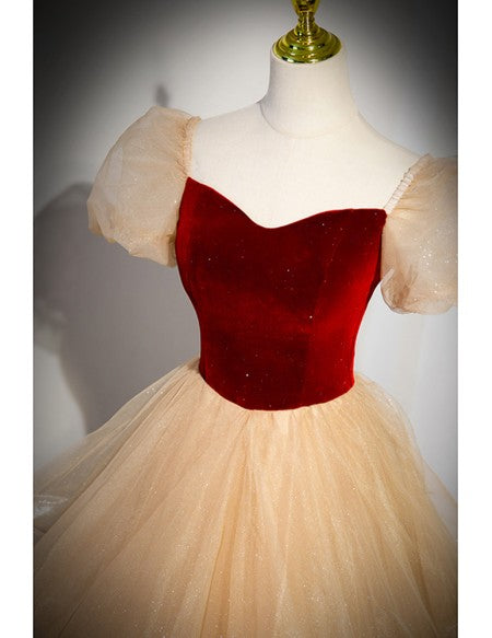 Unique Bling Gold Ruffled Tulle Ballgown Prom Dress with Short Sleeves