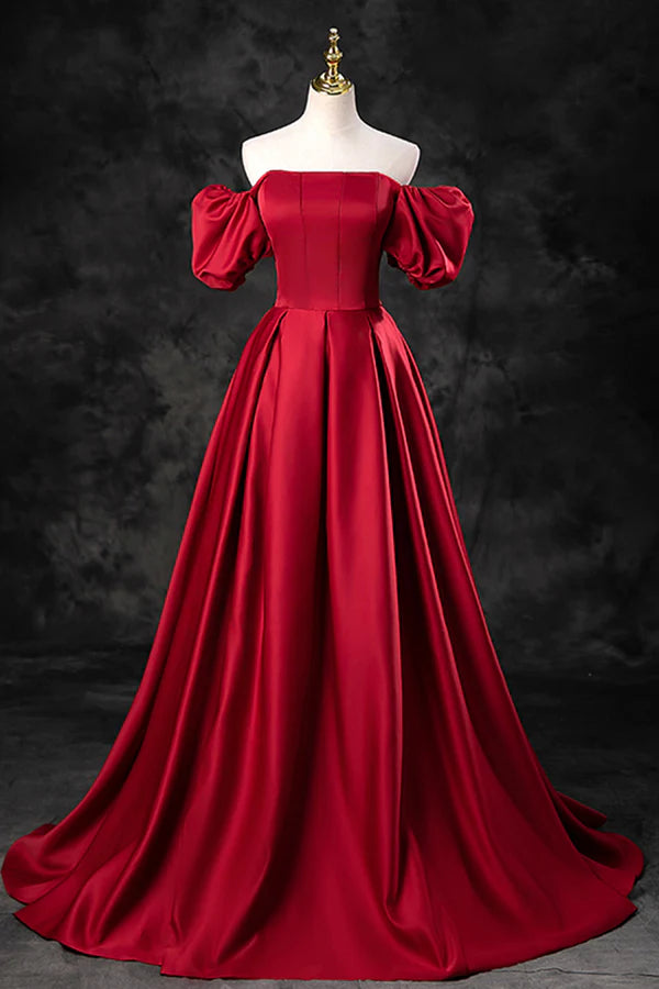 Burgundy Satin Long A-Line Prom Dress Off the Shoulder Evening Party Dress