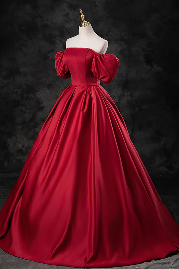 Burgundy Satin Long A-Line Prom Dress Off the Shoulder Evening Party Dress