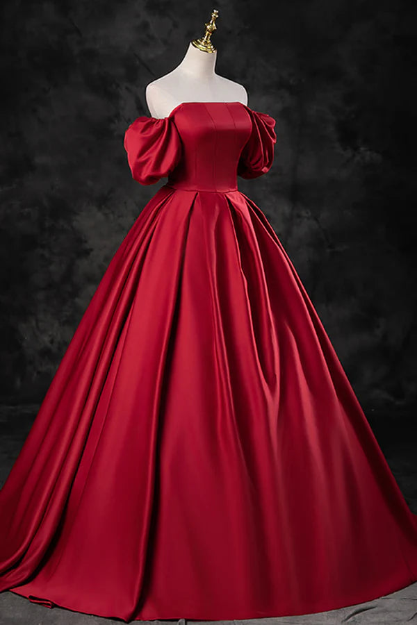 Burgundy Satin Long A-Line Prom Dress Off the Shoulder Evening Party Dress