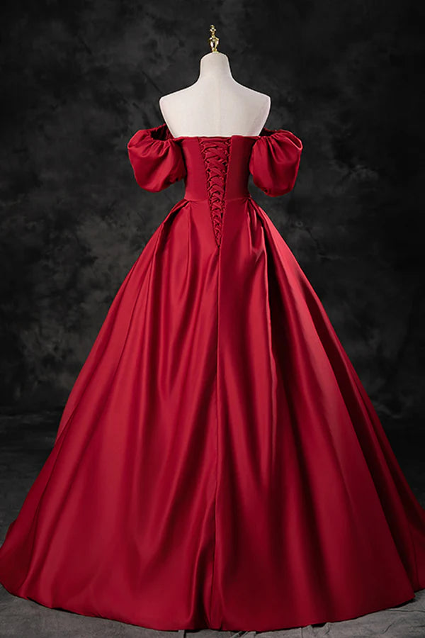 Burgundy Satin Long A-Line Prom Dress Off the Shoulder Evening Party Dress