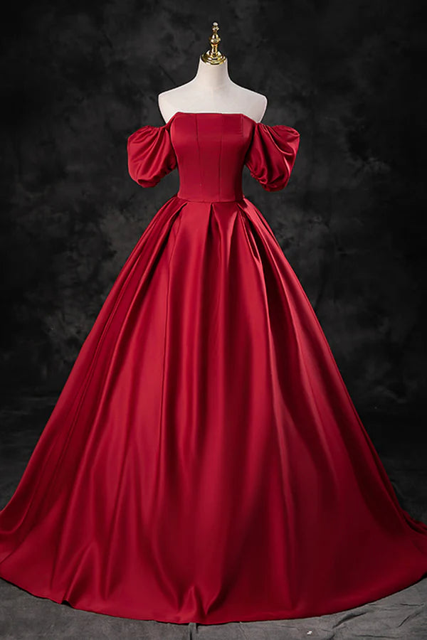 Burgundy Satin Long A-Line Prom Dress Off the Shoulder Evening Party Dress