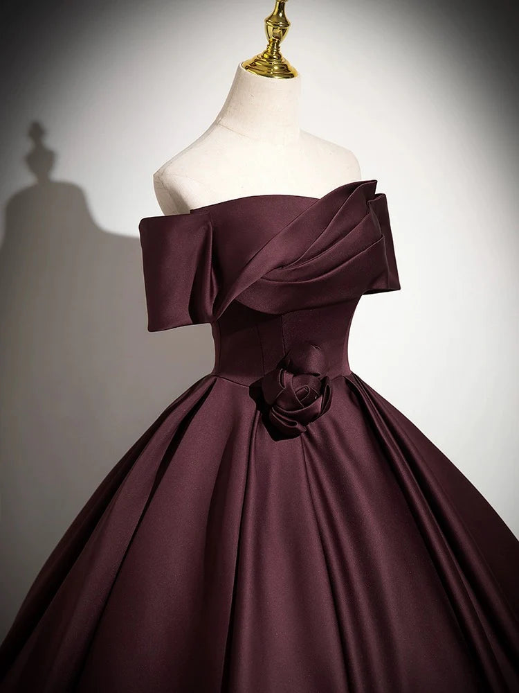 Buyishang A-Line Off the Shoulders Satin Maroon Long Prom Dress Maroon Long Formal Dress