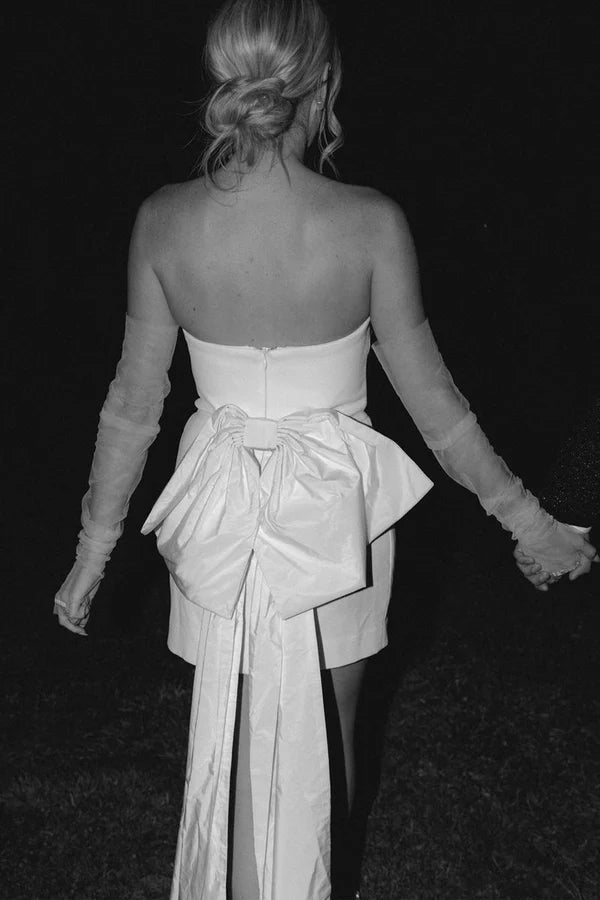 Buyishang Strapless White Satin Short Wedding Dresses with Bow