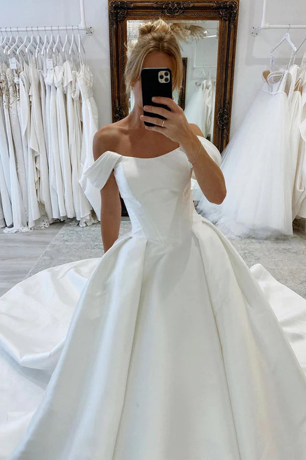 Buyishang Elegant A-Line Off the Shoulder White Satin Wedding Dresses