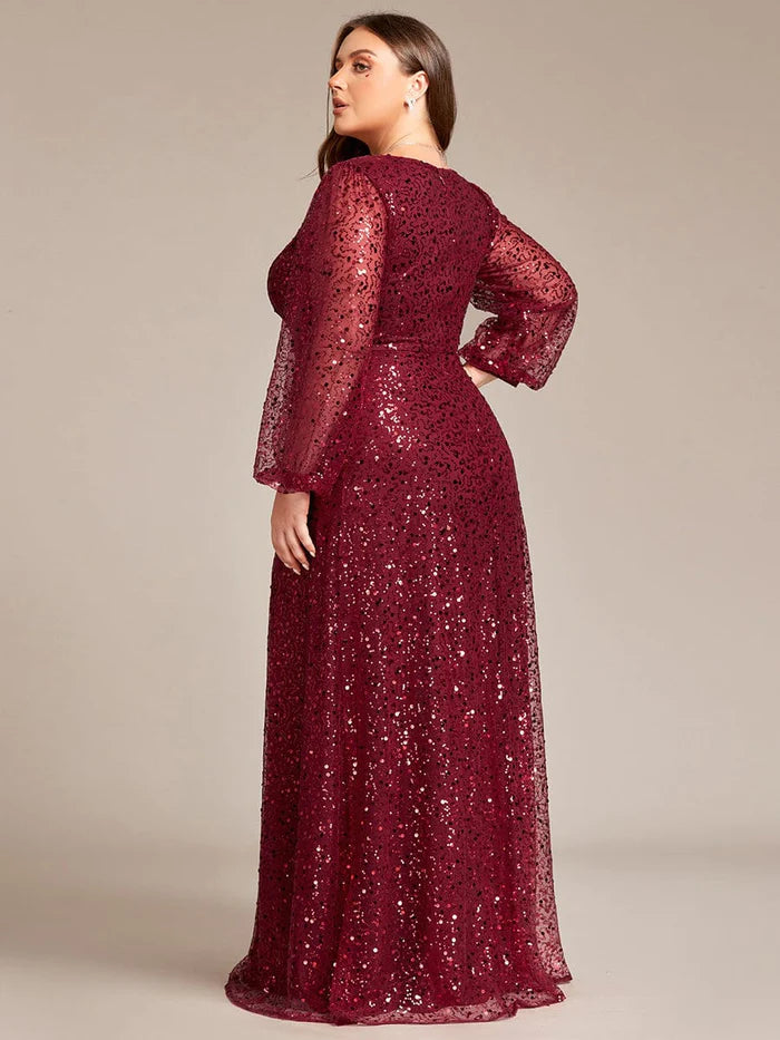 Plus Size V-Neck Lantern Long Sleeve Sequin A-Line Evening Dress/Prom Dresses