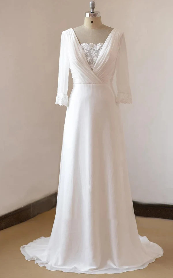 Buyishang A-Line Chiffon Lace White Satin Weddig Dress