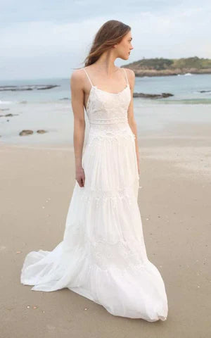 Buyishang Spaghetti Sleeveless Chiffon Beach Boho Wedding Dress