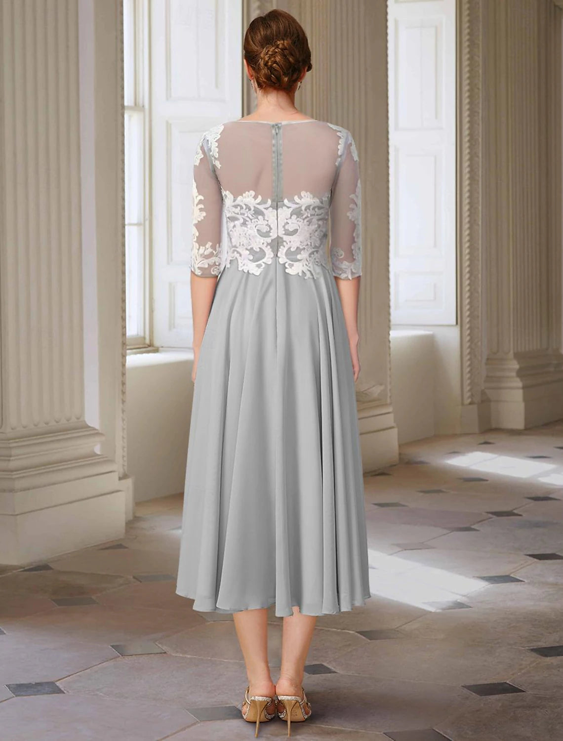Buyishang A-Line Mother of the Bride Dress Elegant Jewel Neck Asymmetrical Ankle Length Chiffon Lace 3/4 Length Sleeve with Appliques free custom size