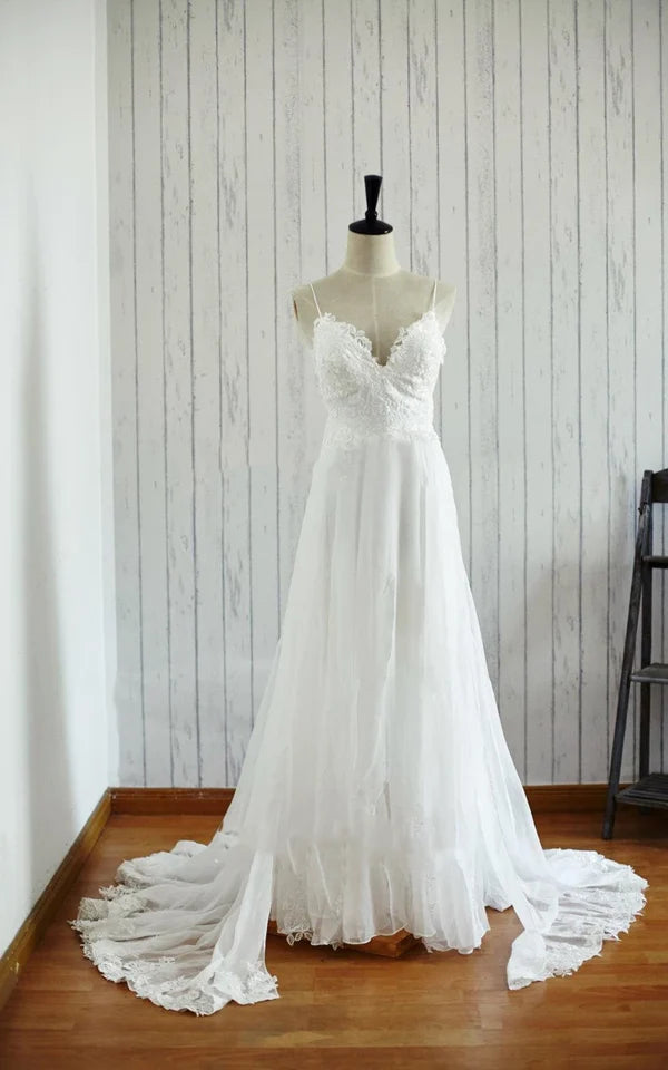 Buyishang A-Line Backless Chiffon Lace Satin Wedding Dress