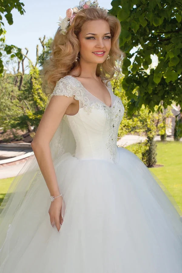 Buyishang Ball Gown V-Neck Ruched Cap Sleeve Tulle Wedding Dress