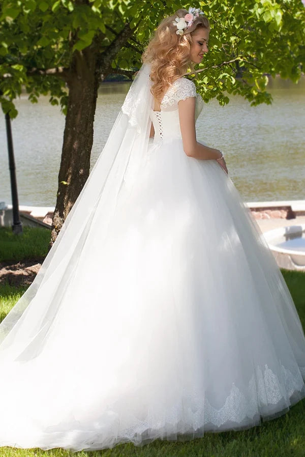 Buyishang Ball Gown V-Neck Ruched Cap Sleeve Tulle Wedding Dress
