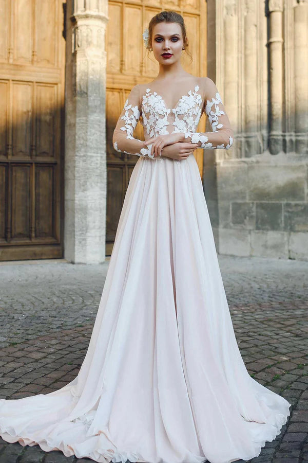 Buyishang Bateau Illusion Long Sleeve Appliqued A-Line Chiffon Wedding Dress