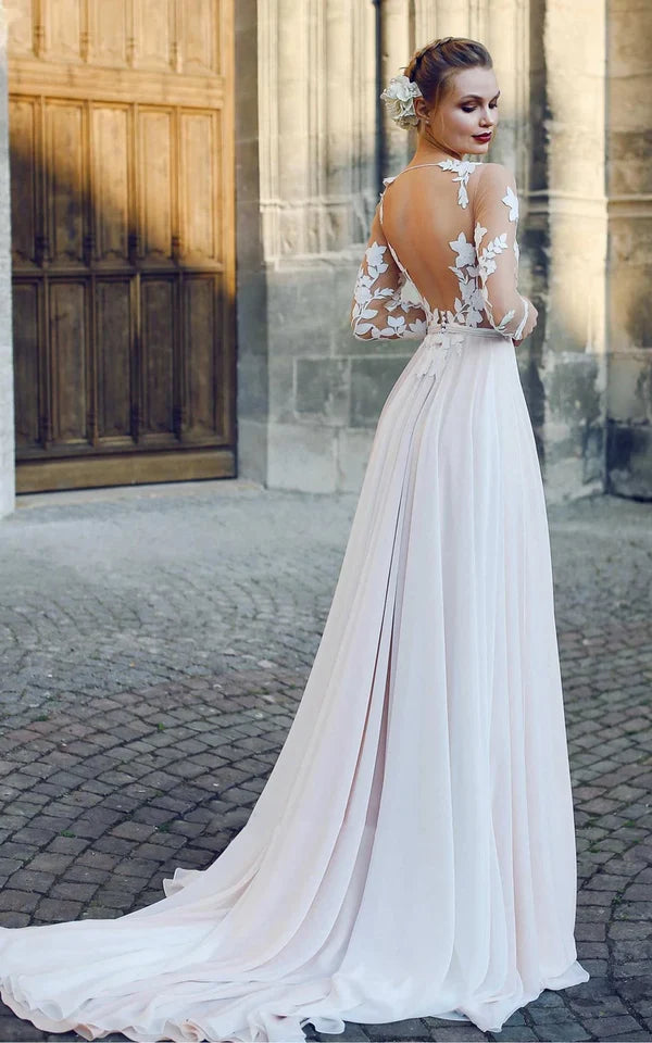 Buyishang Bateau Illusion Long Sleeve Appliqued A-Line Chiffon Wedding Dress