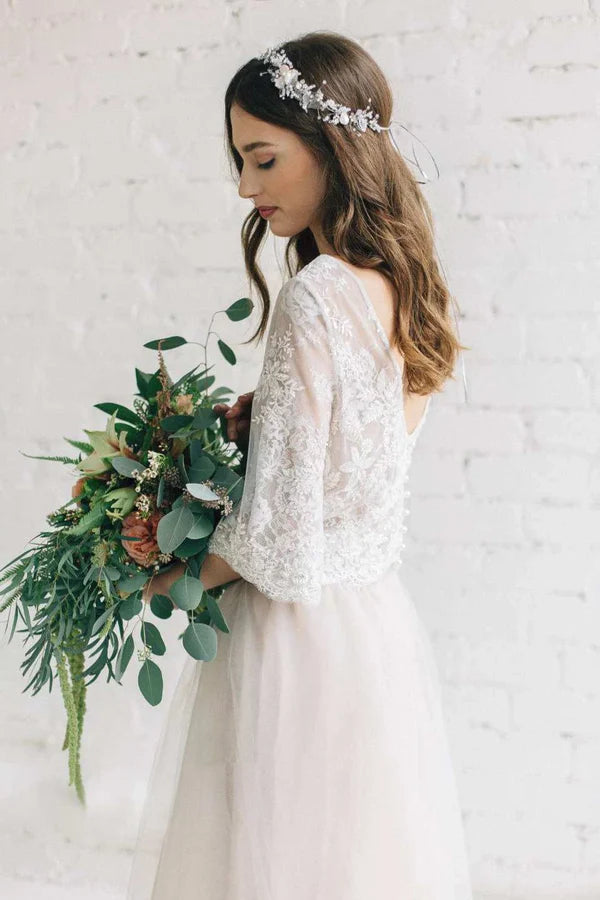 Buyishang Bateau Lace Half Sleeve A-Line Tulle Dress With Low-V Back