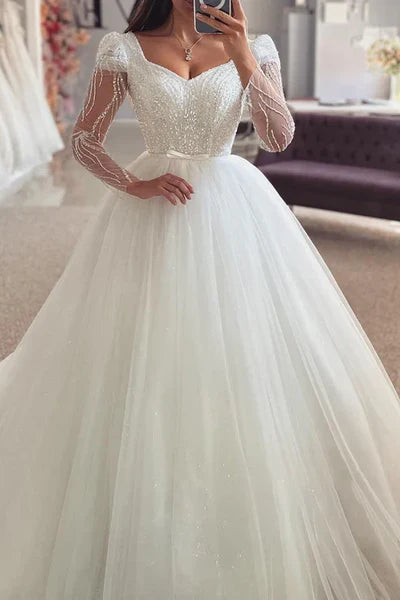 Buyishang Bateau Long Sleeve Sequined Appliques Empire Tulle Wedding Dress