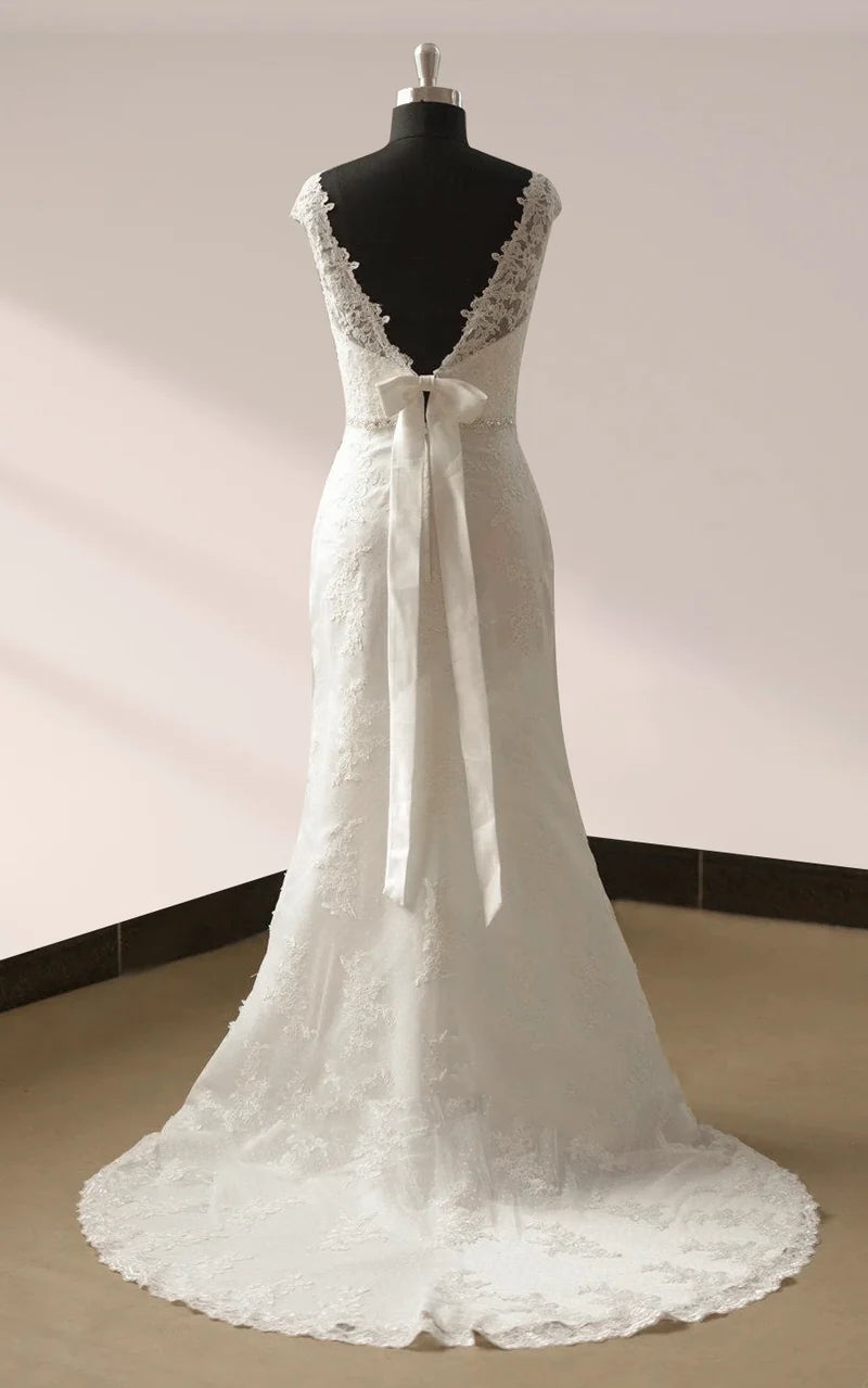 Buyishang Bateau Neck Cap Sleeve Fit and Flare Lace Wedding Dress