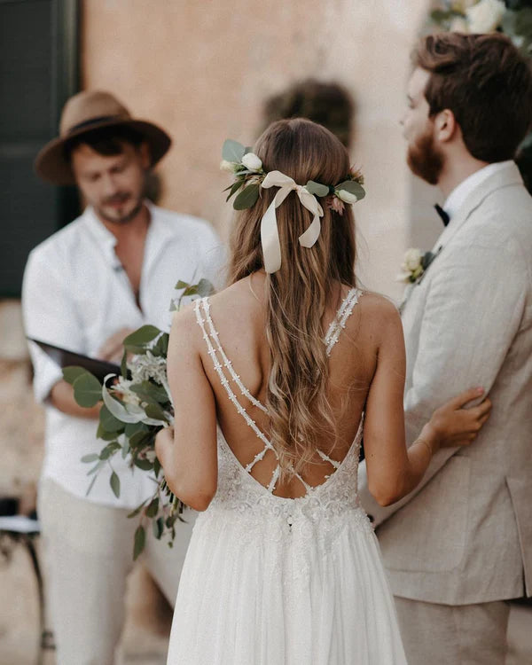 Buyishang Fairy A-Line V-Neck Chiffon Long Wedding Dresses with Appliques