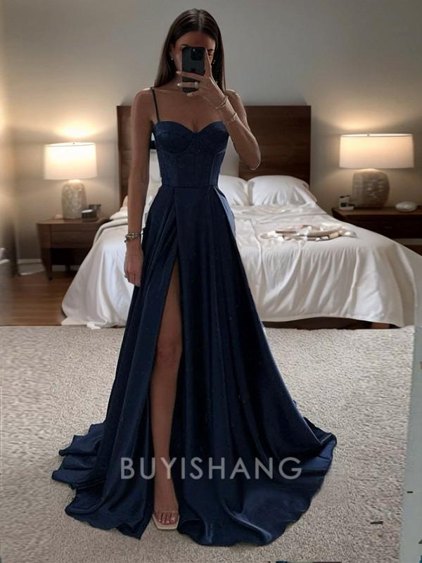 Buyishang A-line Spaghetti Straps Ruffles Sweep Train Silk Like Satin Corset Dress