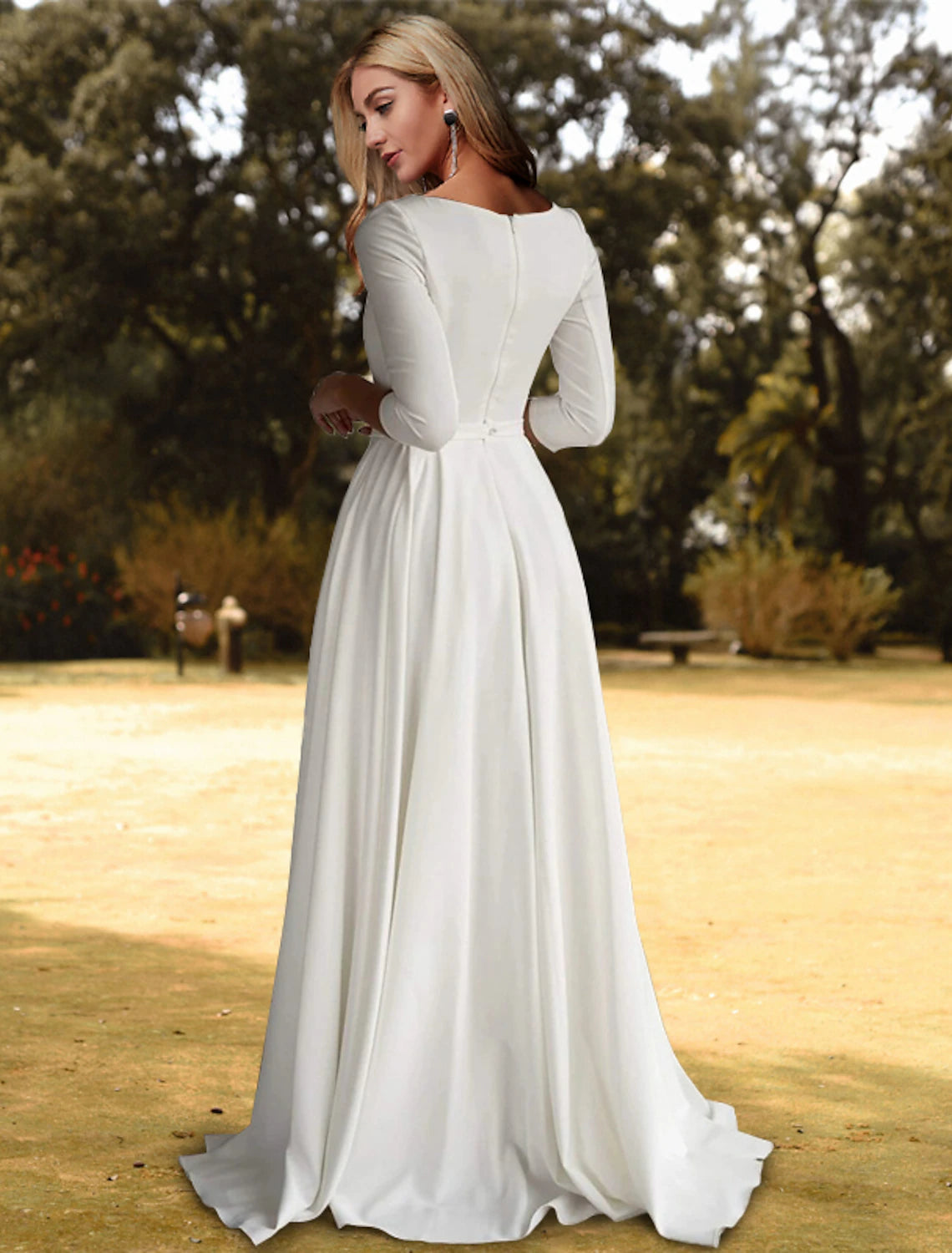 Buyishang Hall Casual Wedding Dresses A-Line Scoop Neck 3/4 Length Sleeve Sweep / Brush Train Stretch Fabric Bridal Gowns With Pleats Solid Color