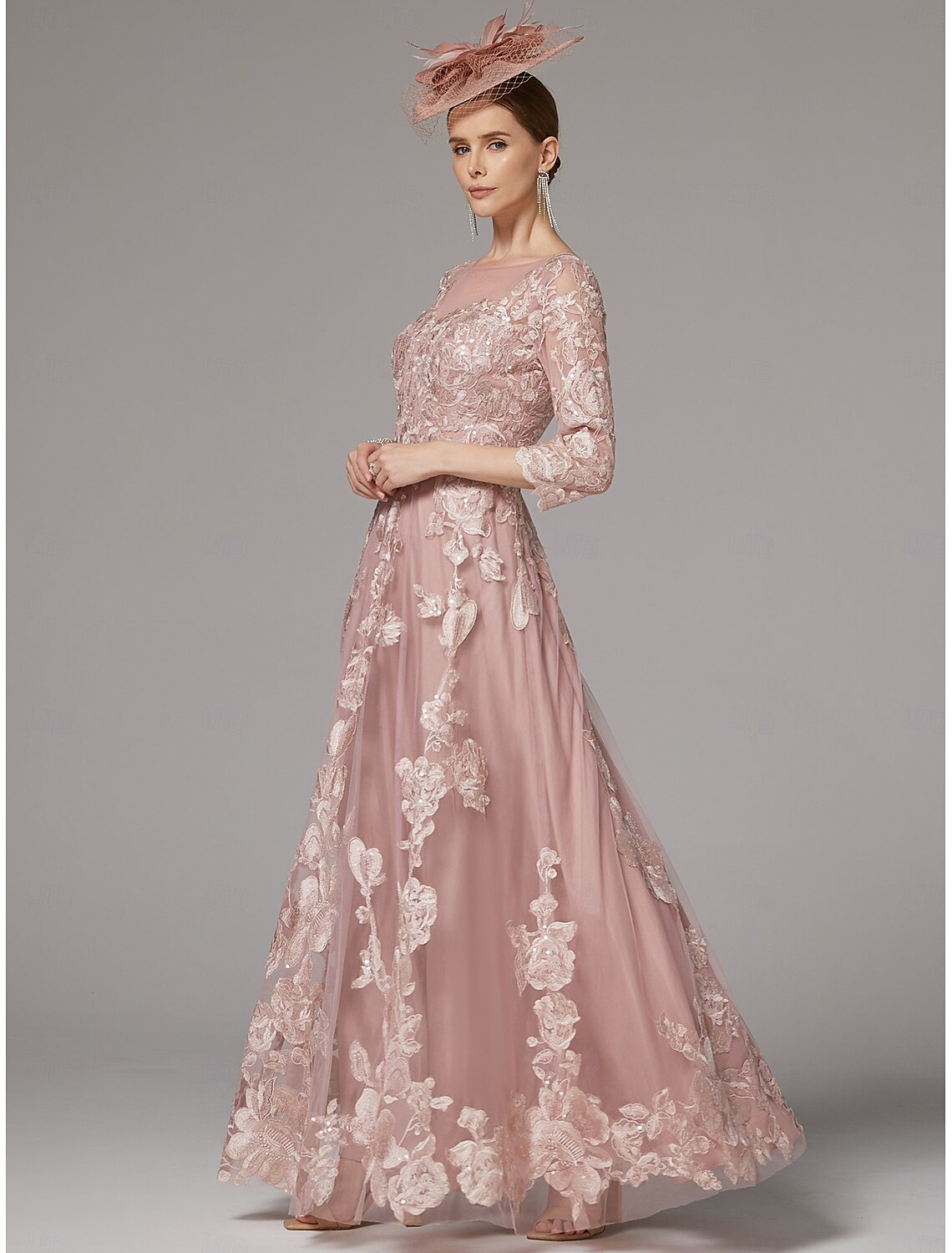 Buyishang A-Line Dress Mother of the Bride Dress Elegant Jewel Neck Floor Length Lace 3/4 Length Sleeve with Lace Pleats Appliques