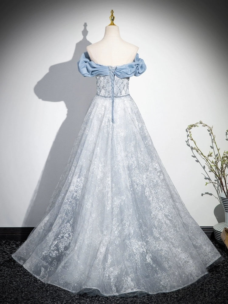 Buyishang A-Line Off Shoulder Tulle Lace Beads Blue Long Prom Dress Blue Long Formal Dress