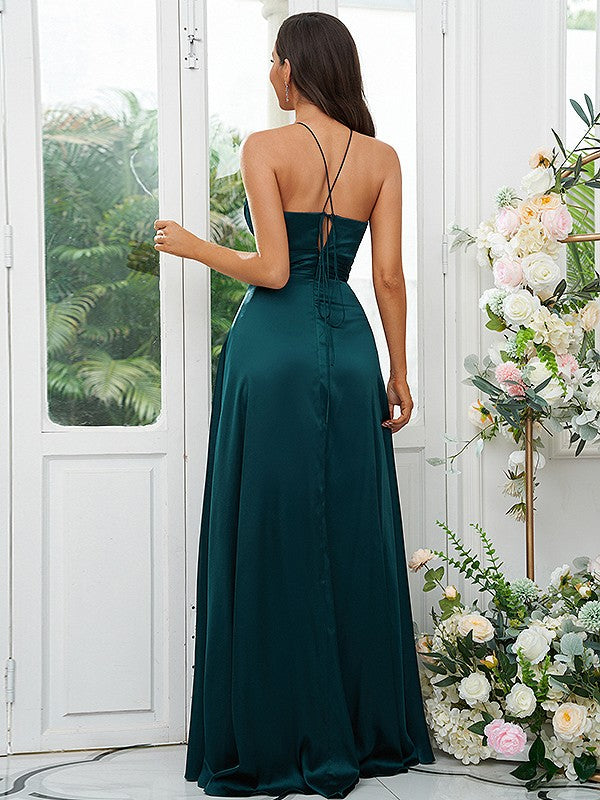 A-Line/Princess  Woven Satin Ruched V-neck Sleeveless Floor-Length Bridesmaid Dresses