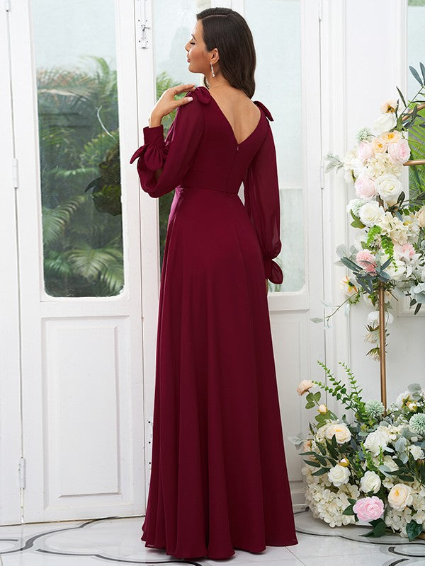 A-Line/Princess Chiffon Bowknot V-neck Long Sleeves Floor-Length Bridesmaid Dresses