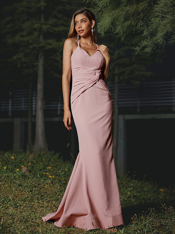 Sheath/Column Stretch Crepe Ruched V-neck Sleeveless Floor-Length Bridesmaid Dresses
