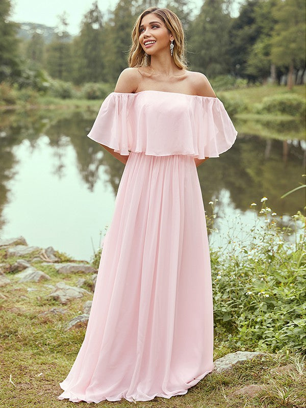 A-Line/Princess Chiffon Ruffles Off-the-Shoulder Short Sleeves Sweep/Brush Train Bridesmaid Dresses